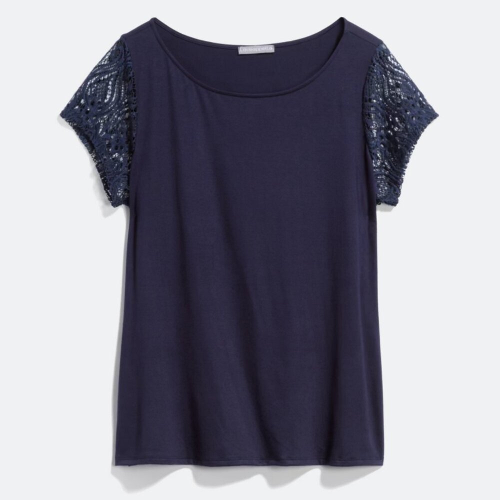 Loveappella Atherton Crew Neck Cap Sleeve Lace Sleeve Knit Top, Size Med, Navy